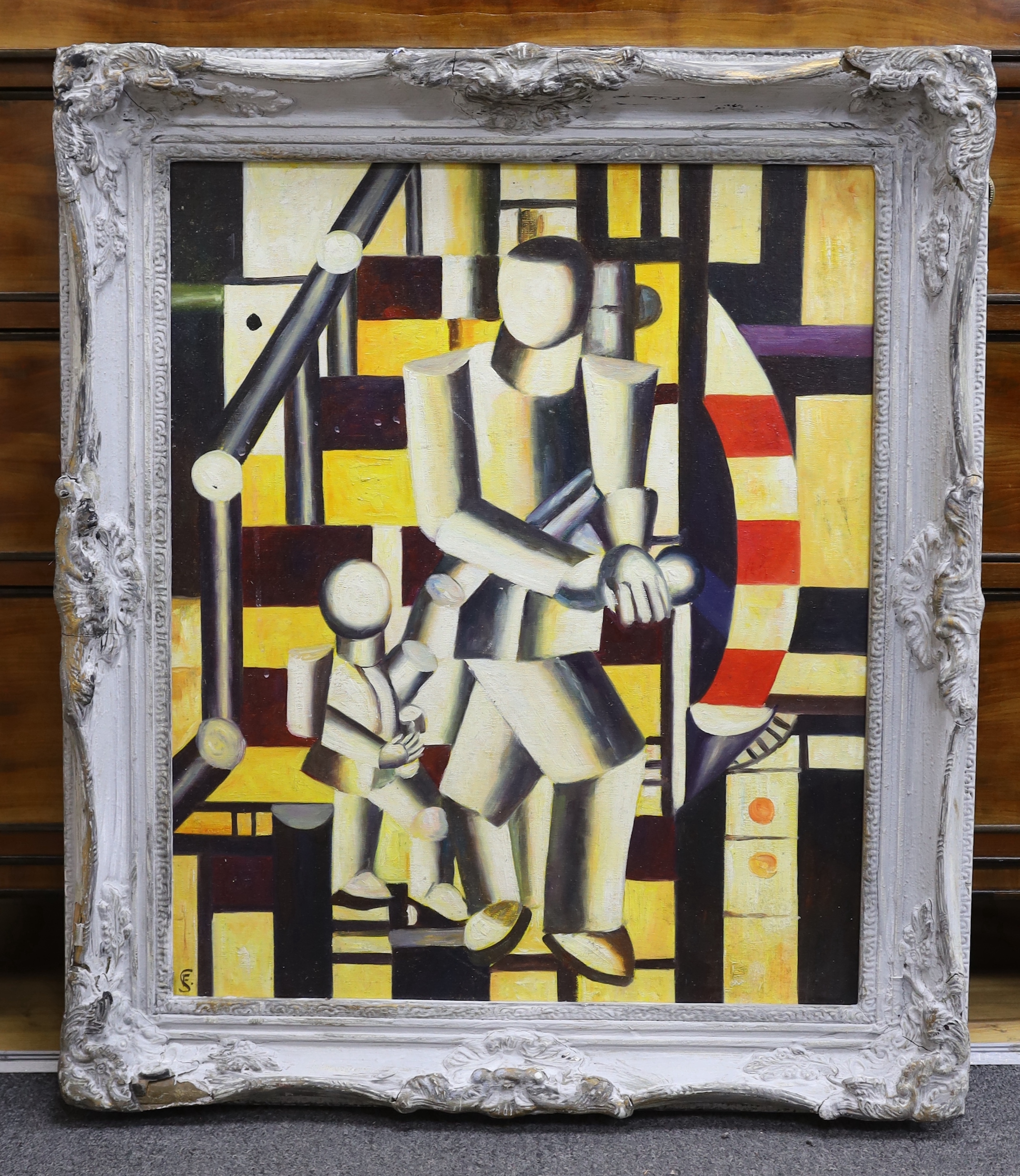 Manner of Fernand Leger (French, 1881-1955), oil on board, Surreal composition, figures, 60 x 49cm